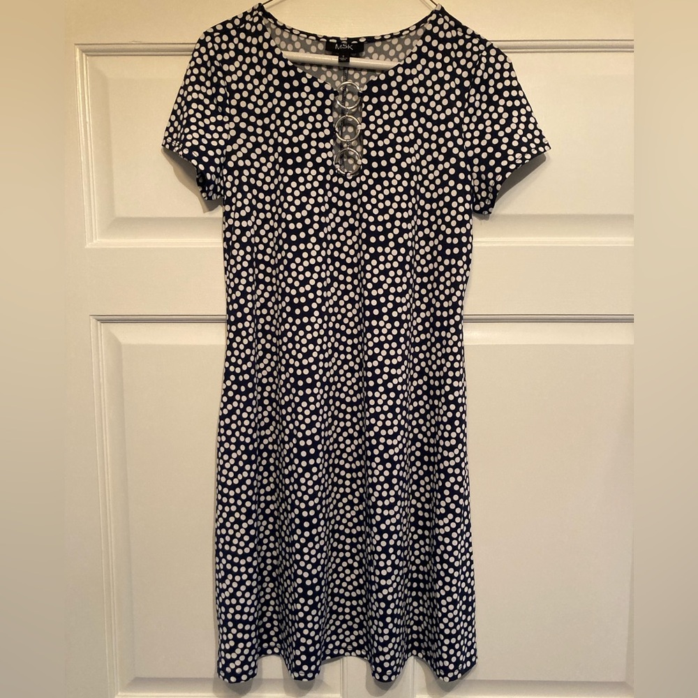 MSK Navy white polka dot dress sz S